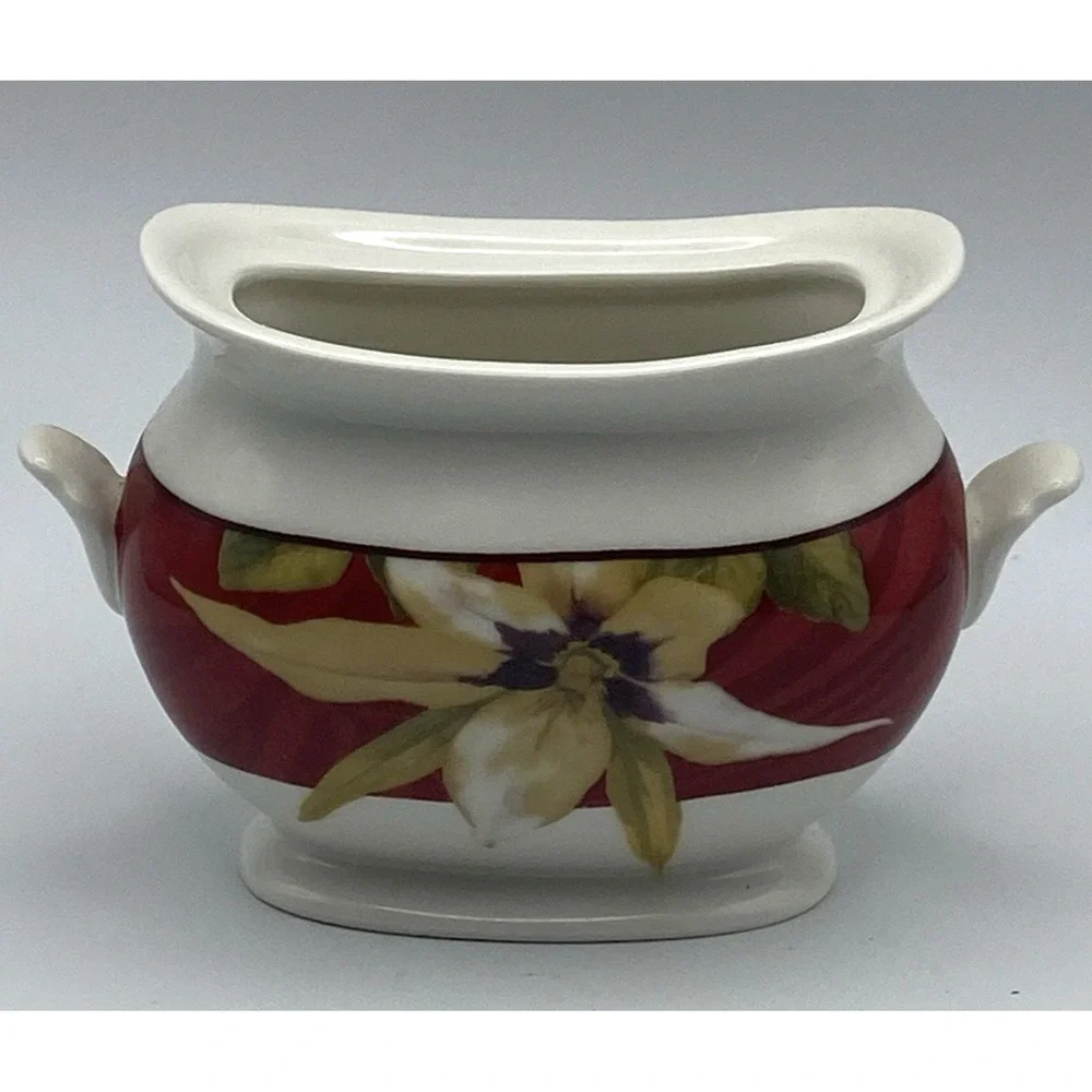 222 Fifth Belize Sugar Bowl no lid dk Red‎ Floral Makeup Toothbrush Holder Nick